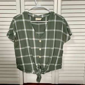 Universal Thread green plaid cropped tie blouse.